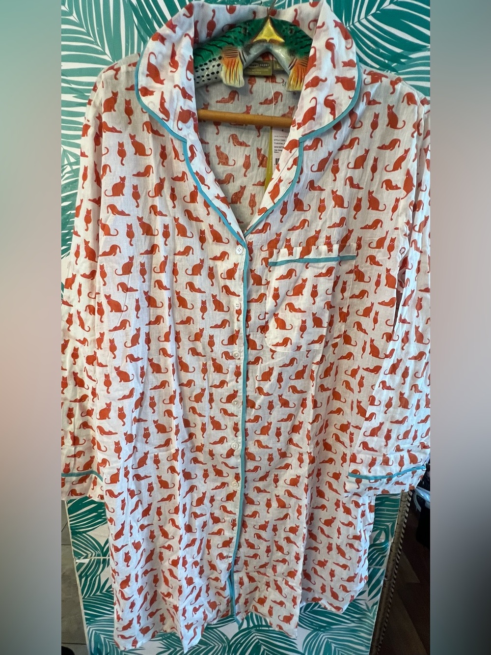 Rock Flower Paper Cream & Orange Cat Print w/teal trim cotton sleep shirt NWT L